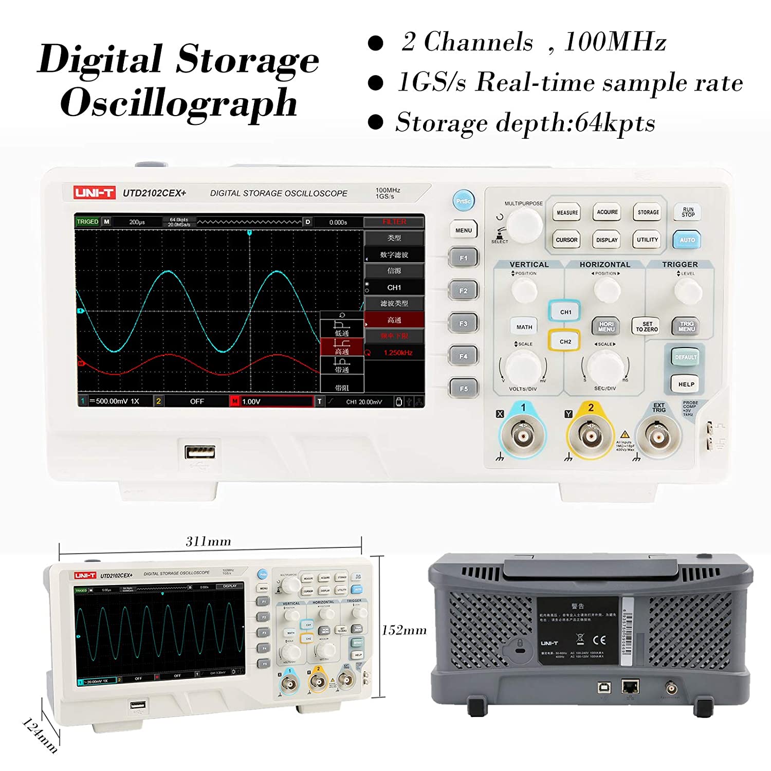 UTD2102CEX+ High Precision 100 - đánh giá và giá Digital Storage Oscilloscope 100Mhz